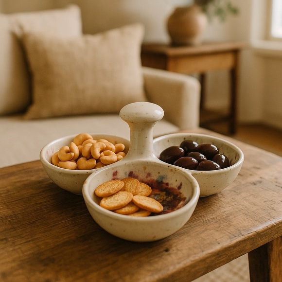 Handmade Studio Pottery Triple Bowl Dish – Abstract Glaze, Unique Serveware - Picture 2 of 12